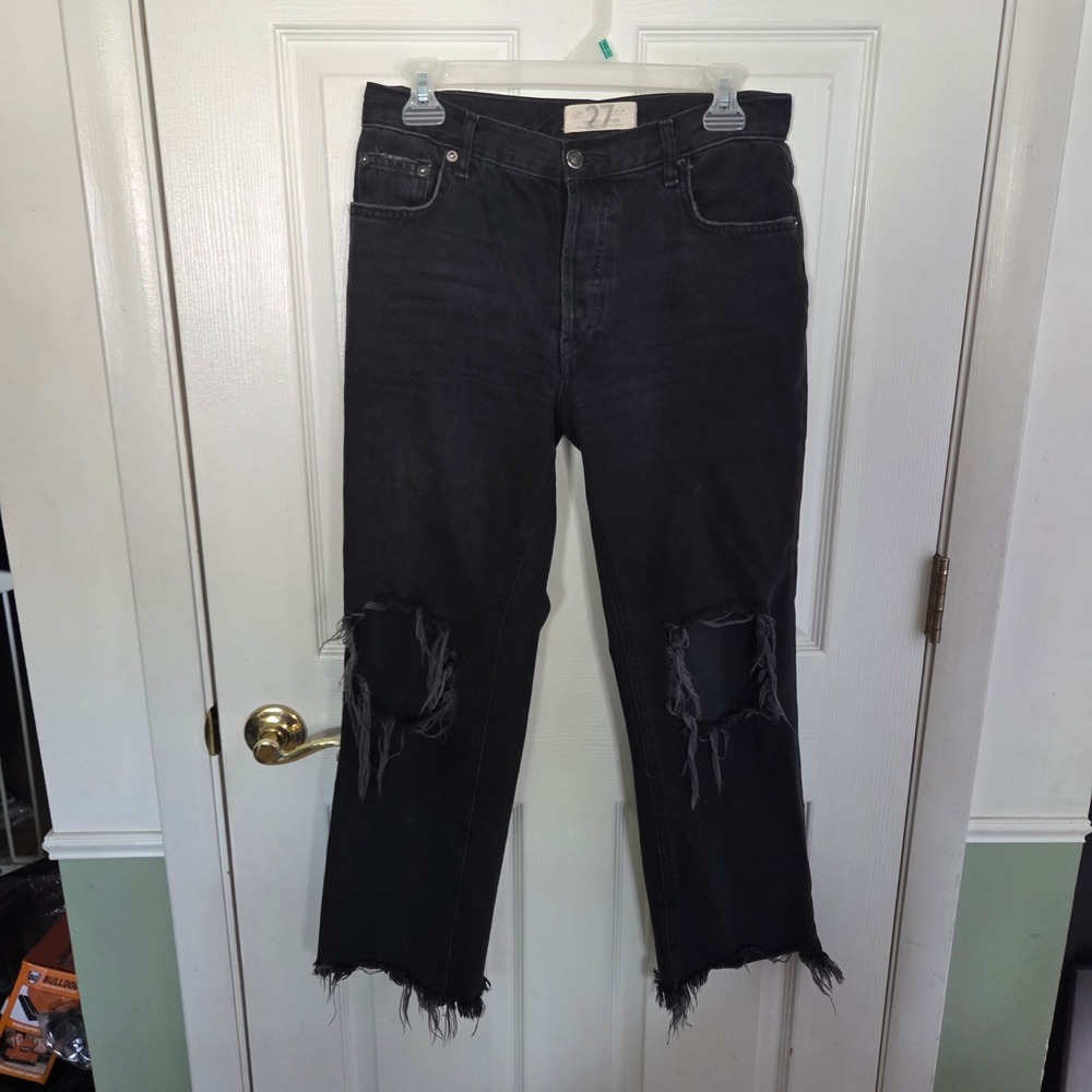 We The Free People Black Distressed Straight Leg Jean 27 Knee Blowout Frayed Hem